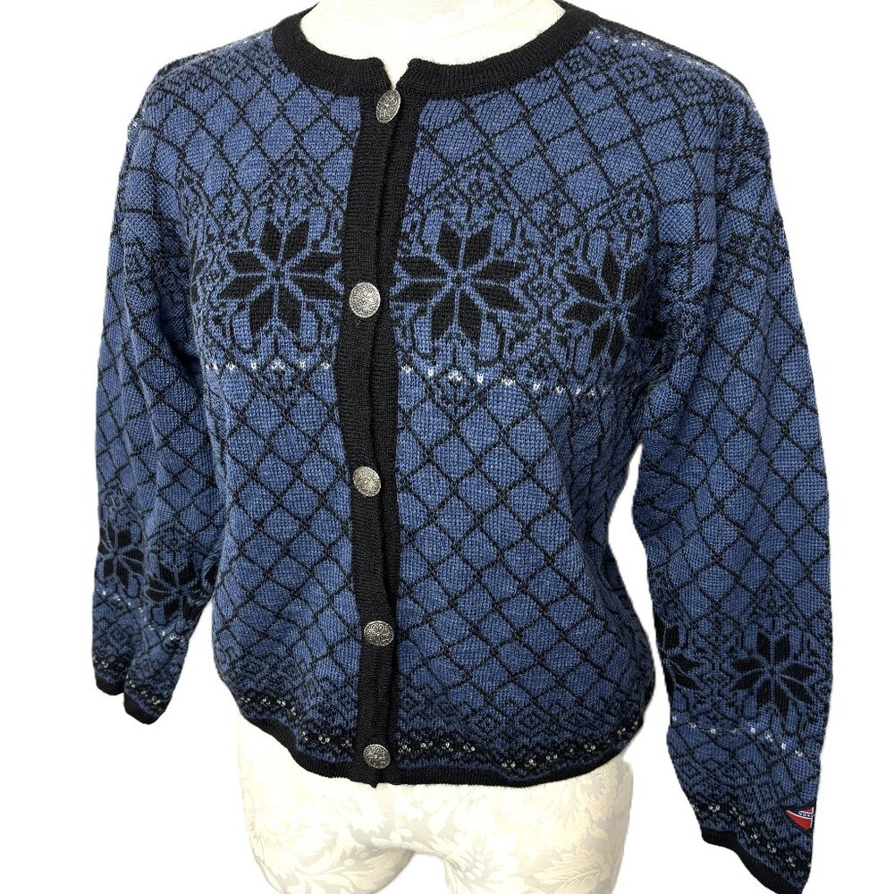 * Norskwear Cardigan 100% Wool Blue and Black Iconic Sweater Size Medium
